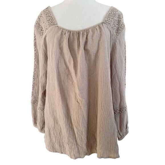 Soft Surroundings Tops - Soft Surroundings Asilah Taupe Square Neck Lace Pullover Peasant Blouse Top XL